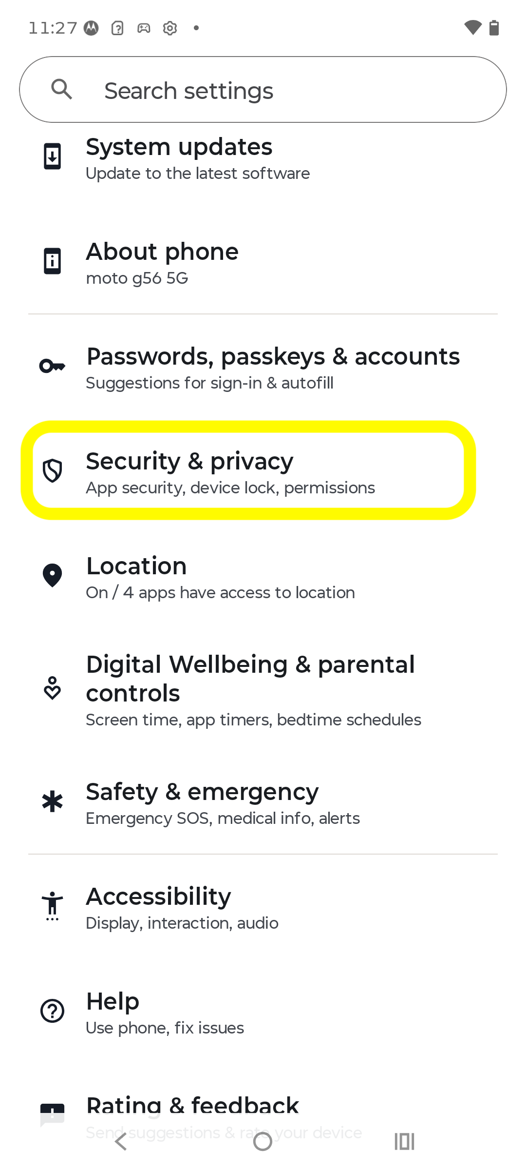 Settings list with Security & privacy highlighted