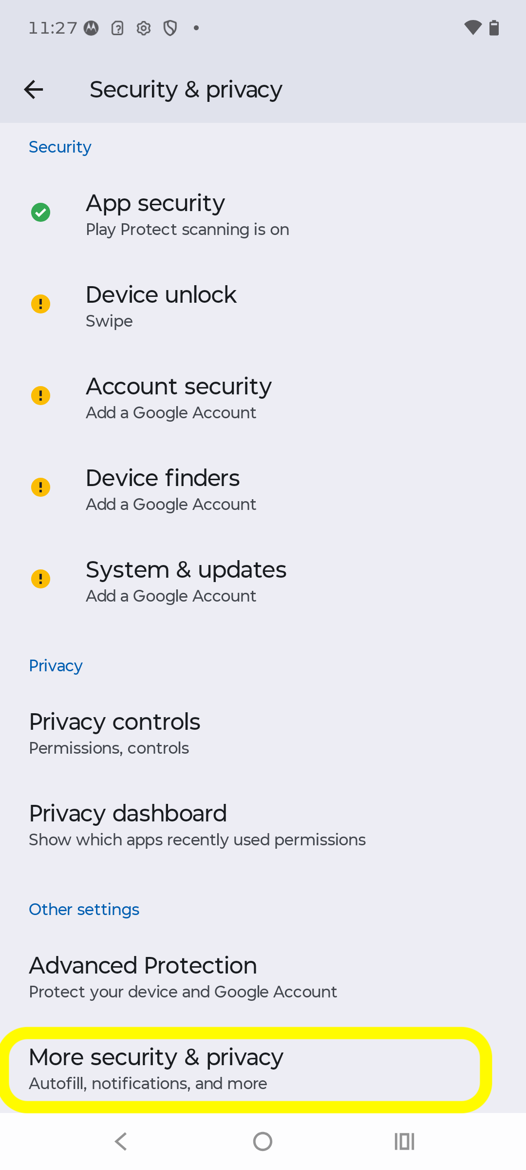 Security & privacy screen with More security & privacy highlighted