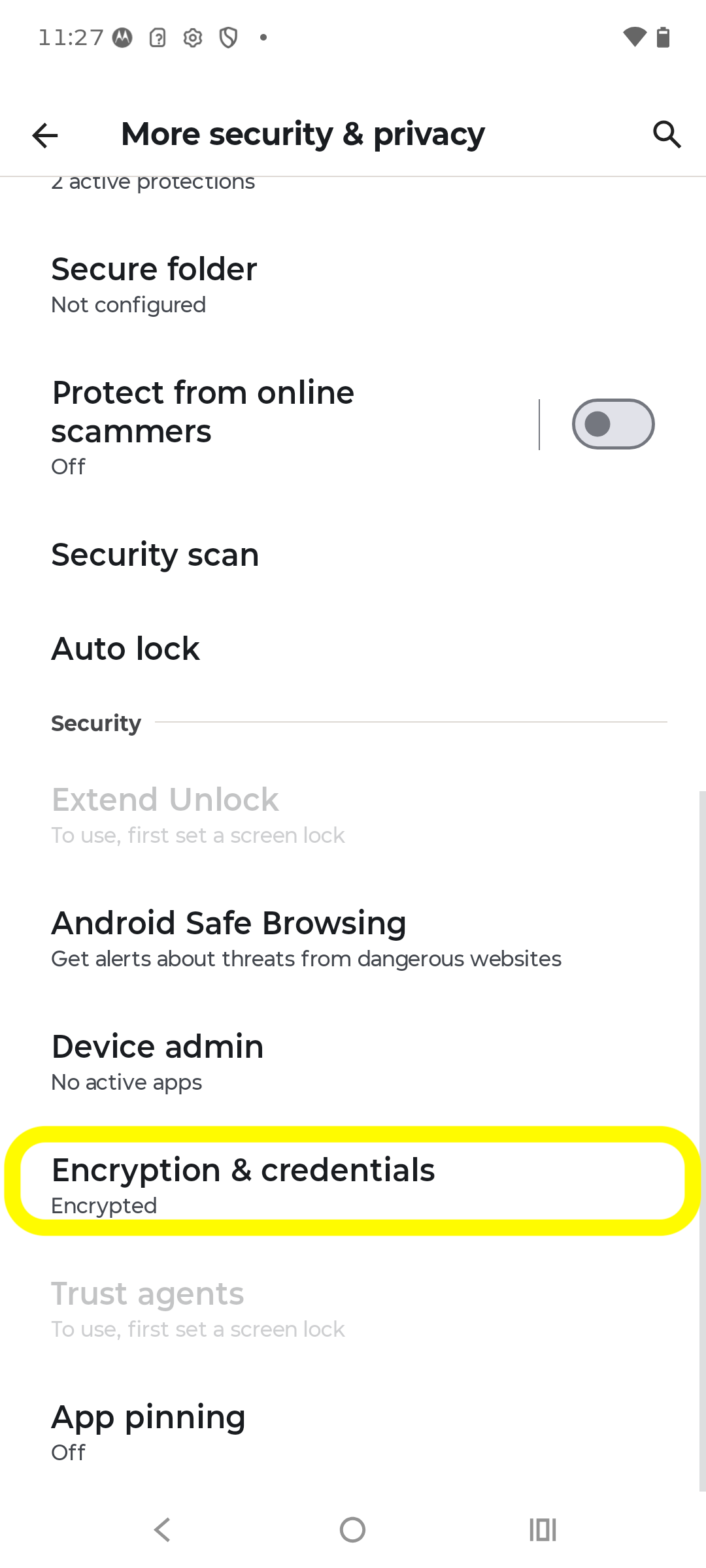 More security & privacy screen with Encryption & credentials highlighted