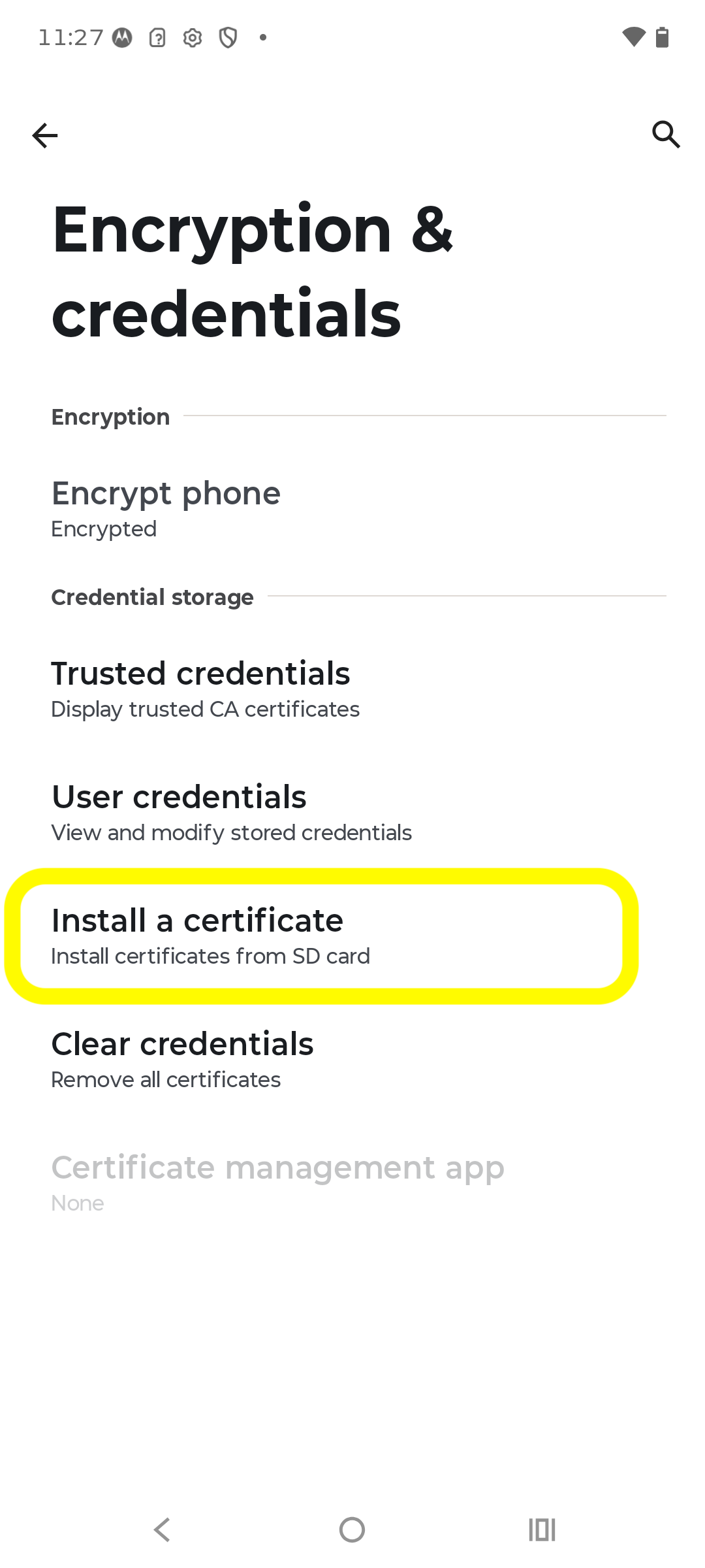 Encryption & credentials screen with Install a certificate highlighted