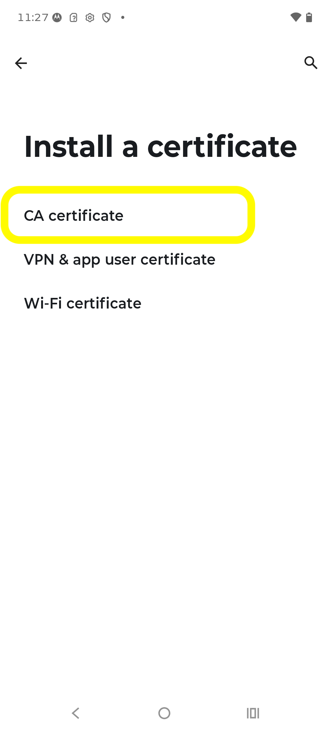 Install a certificate screen with CA certificate highlighted