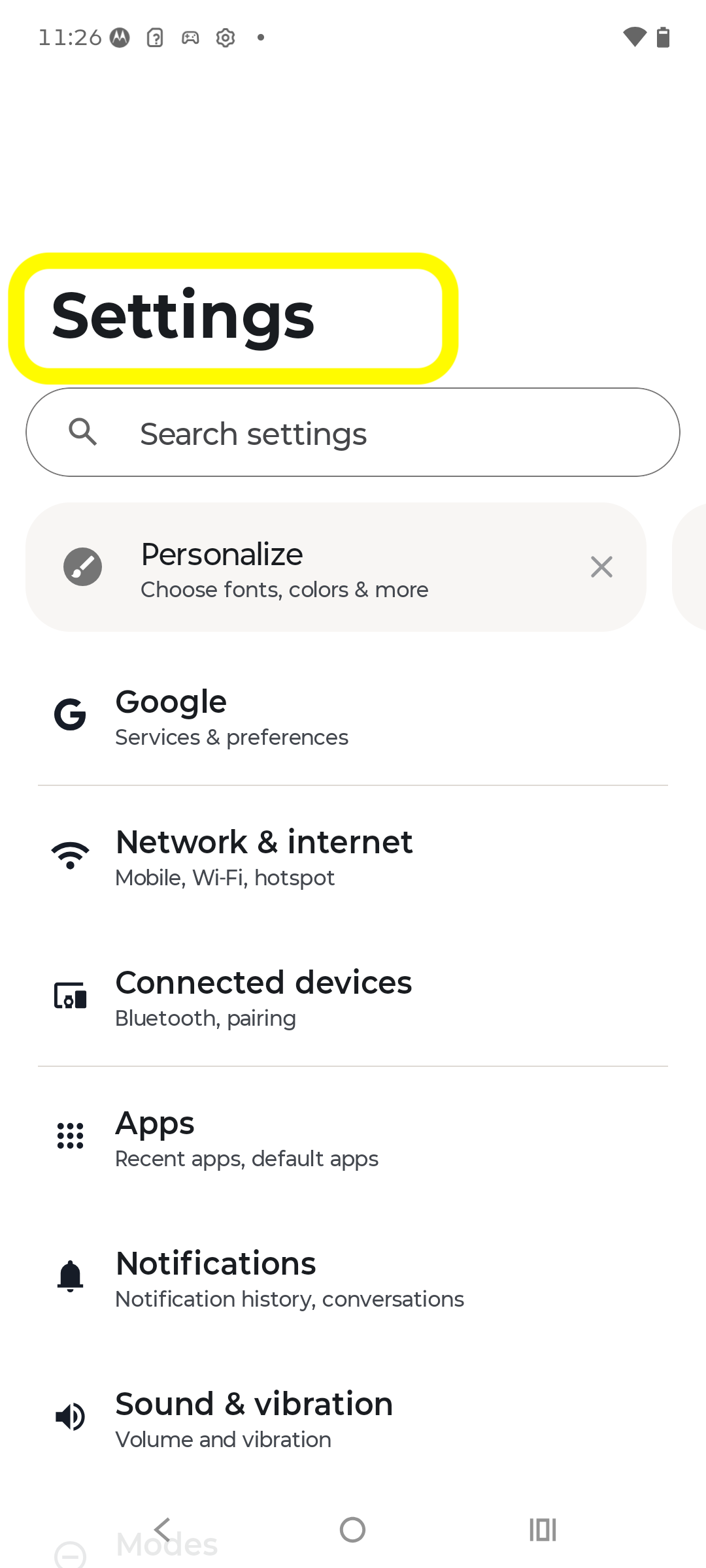 Settings home screen