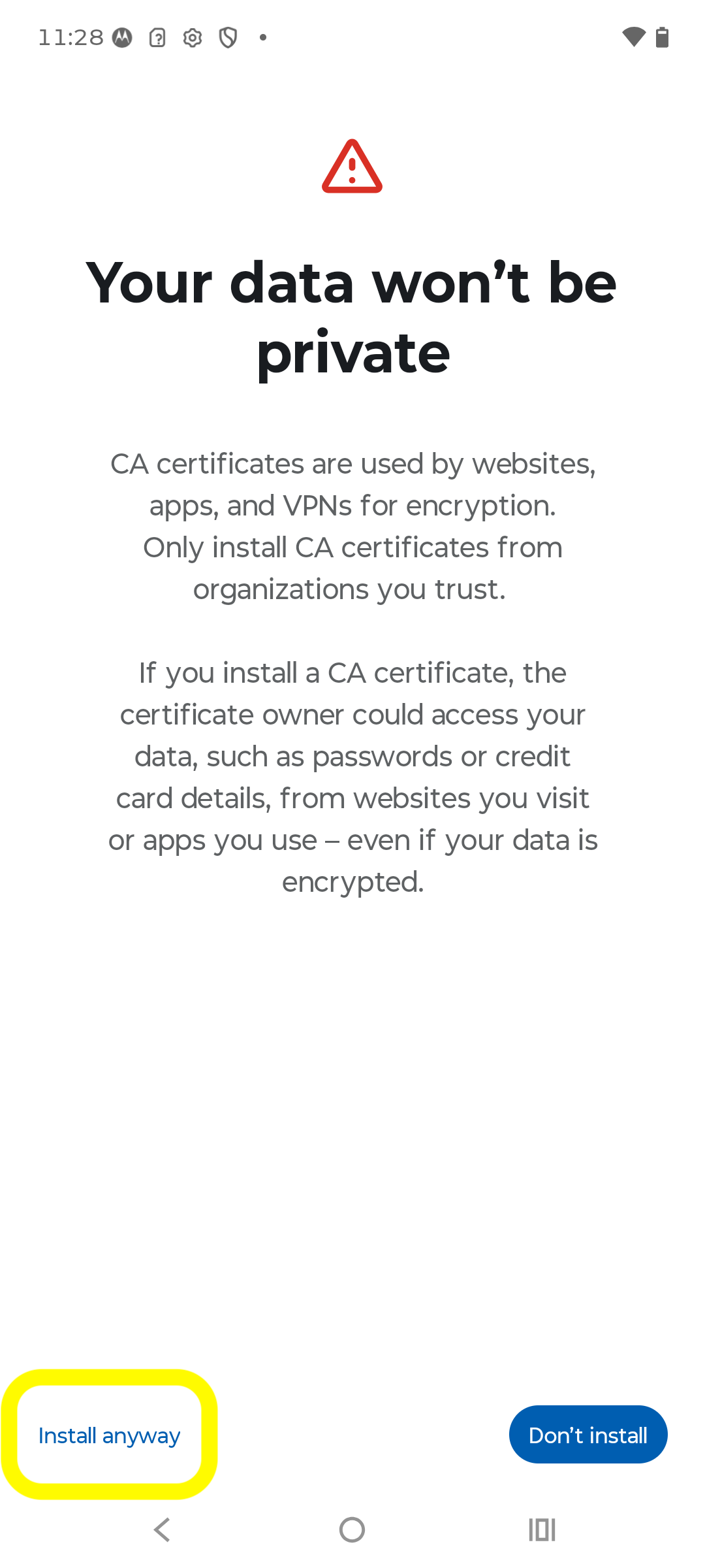 Warning screen with Install anyway highlighted