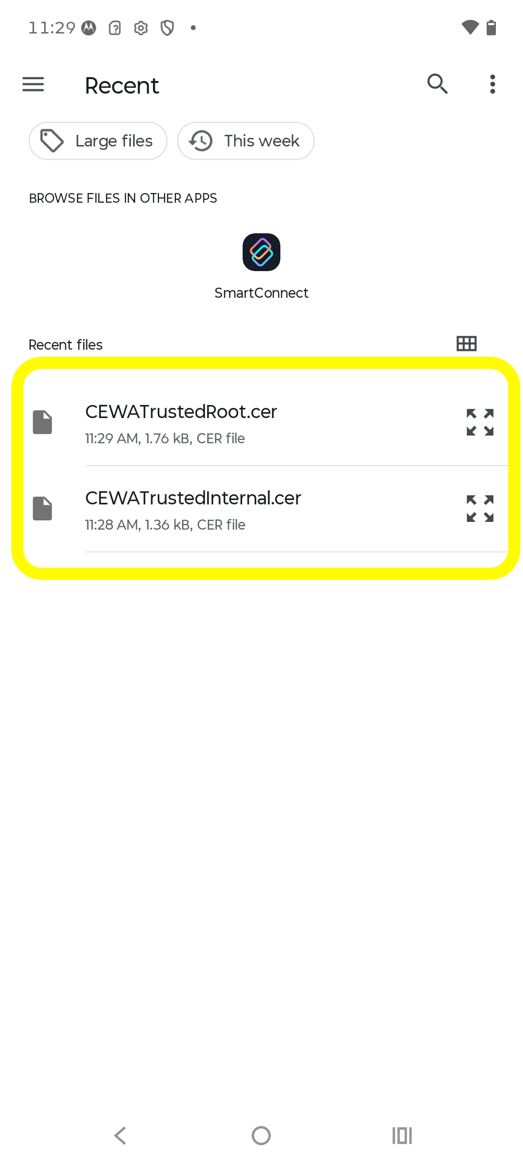 File picker showing the downloaded certificate files