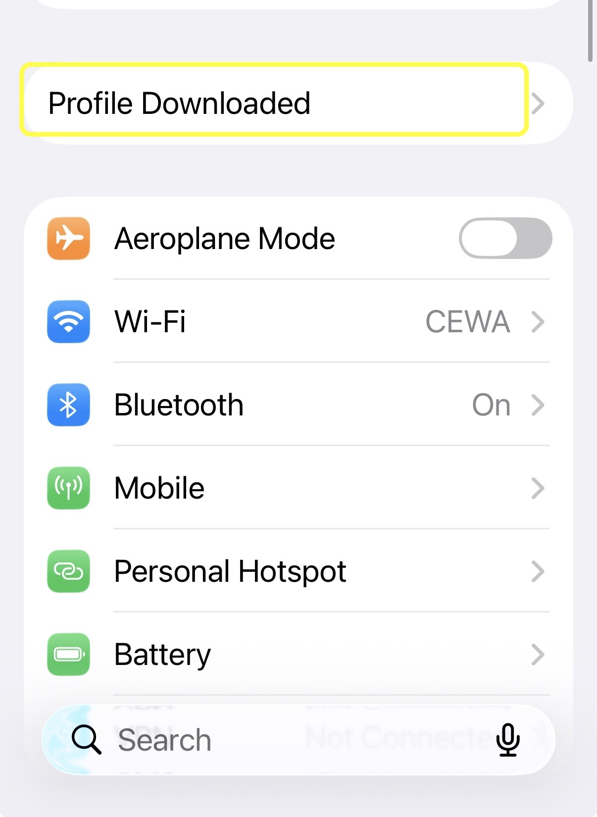 Settings app with Profile Downloaded banner highlighted