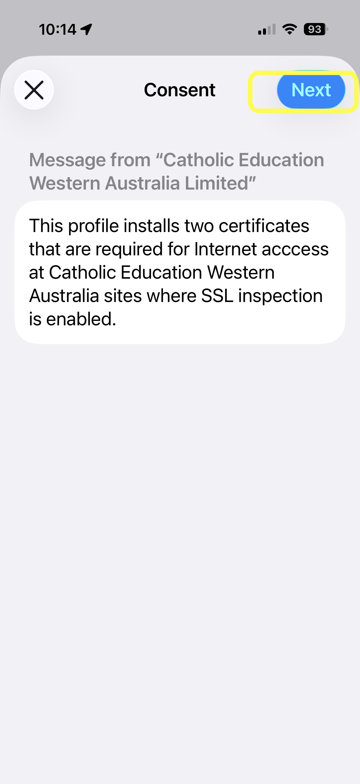 Consent screen with Next highlighted