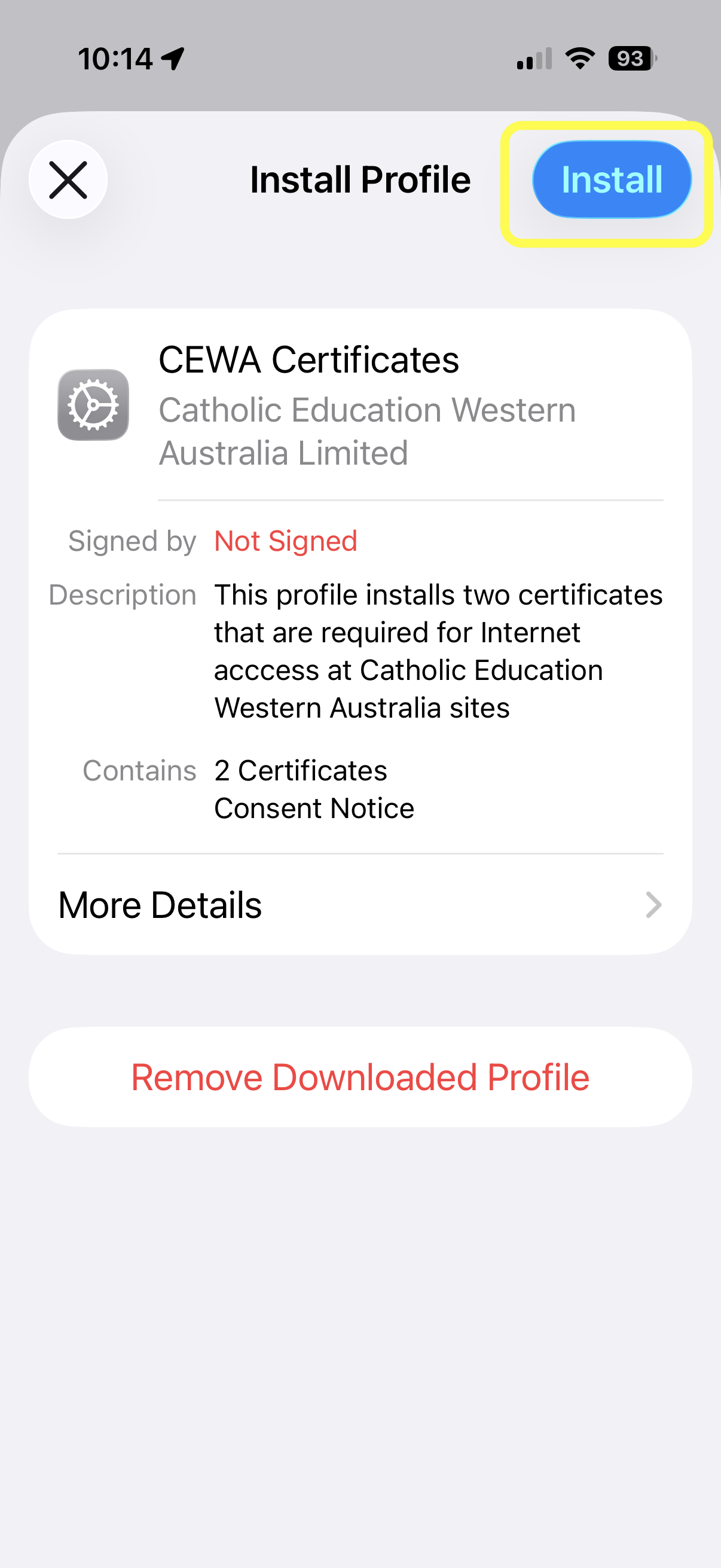 Install Profile screen with Install highlighted