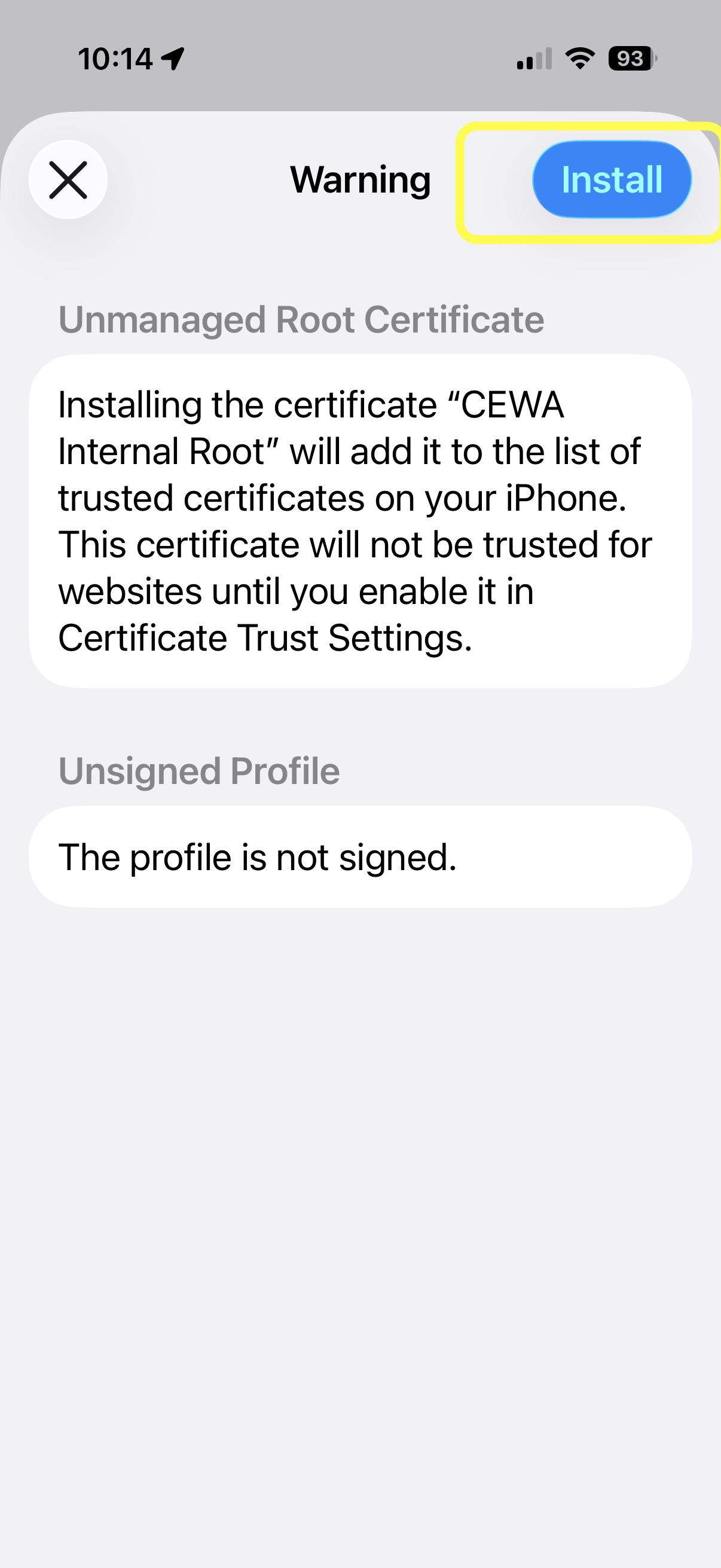 Unmanaged Root Certificate warning with Install highlighted