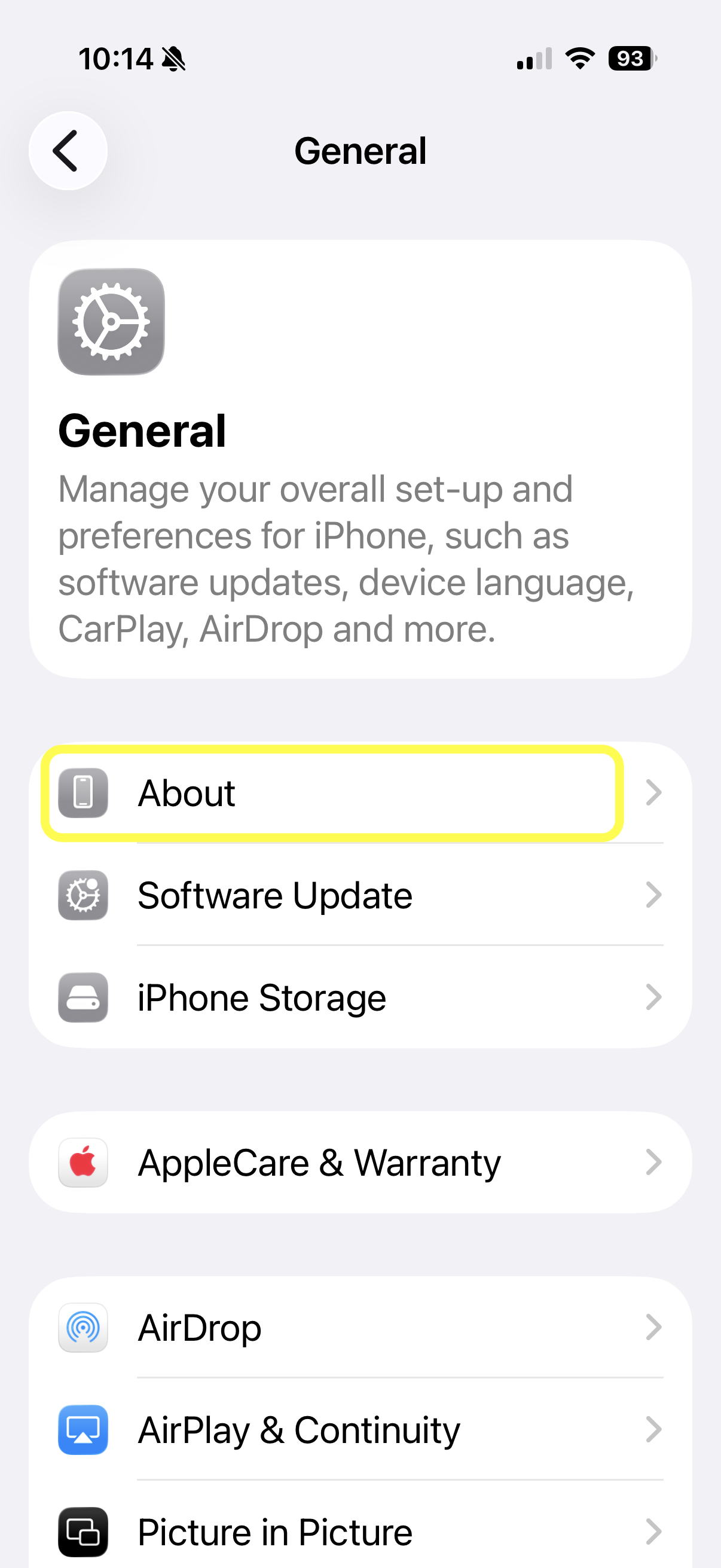General settings with About highlighted