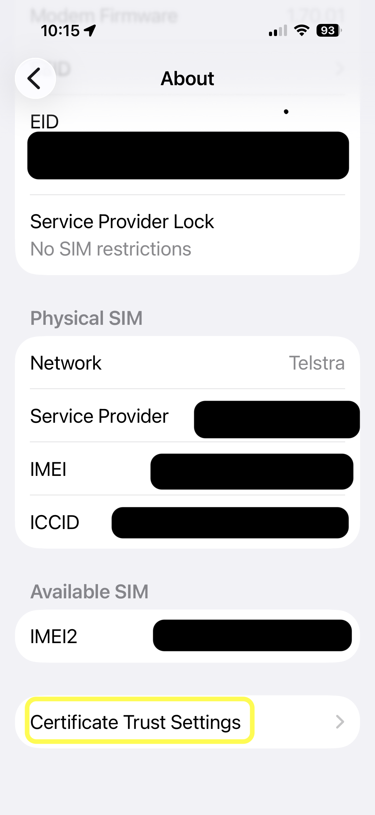 About screen with Certificate Trust Settings highlighted