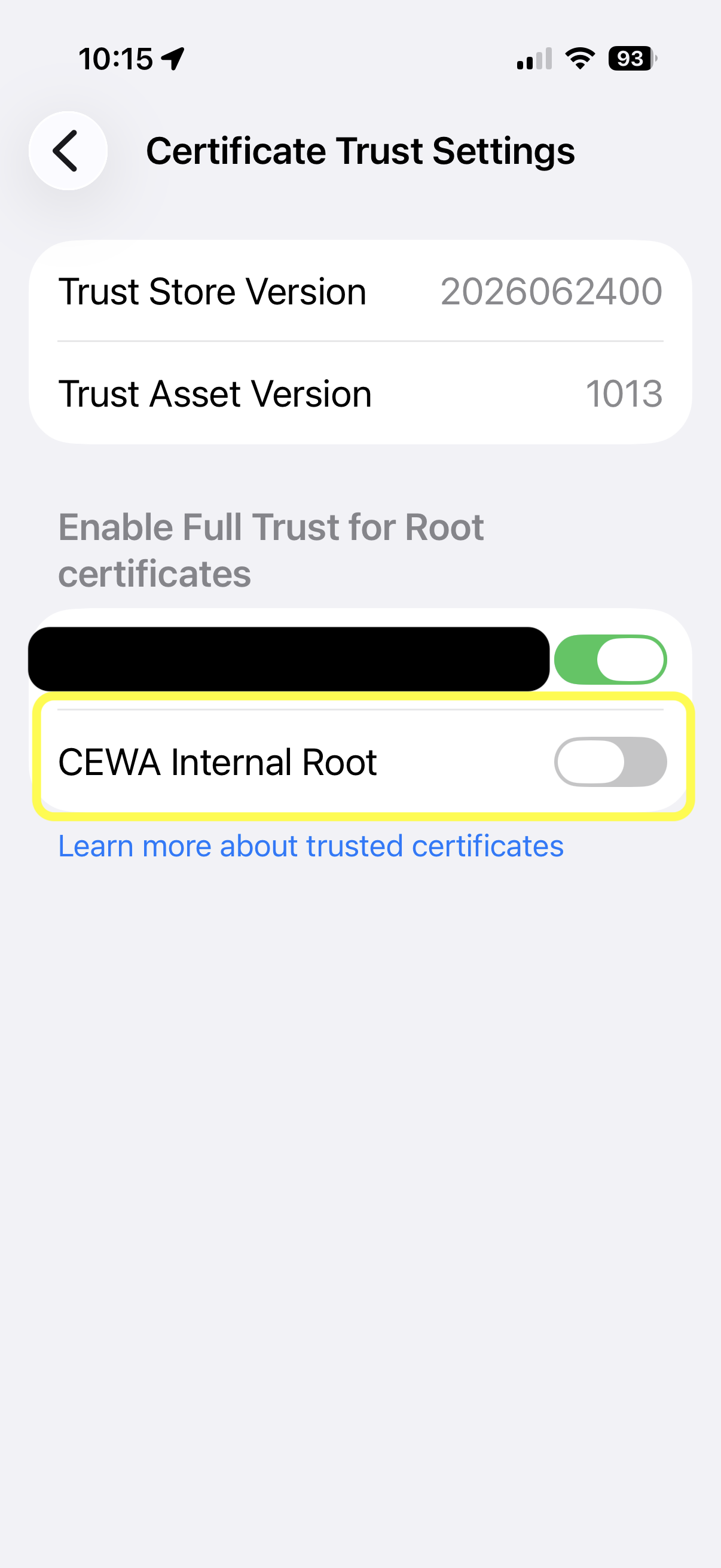 Certificate Trust Settings with CEWA Internal Root toggle highlighted