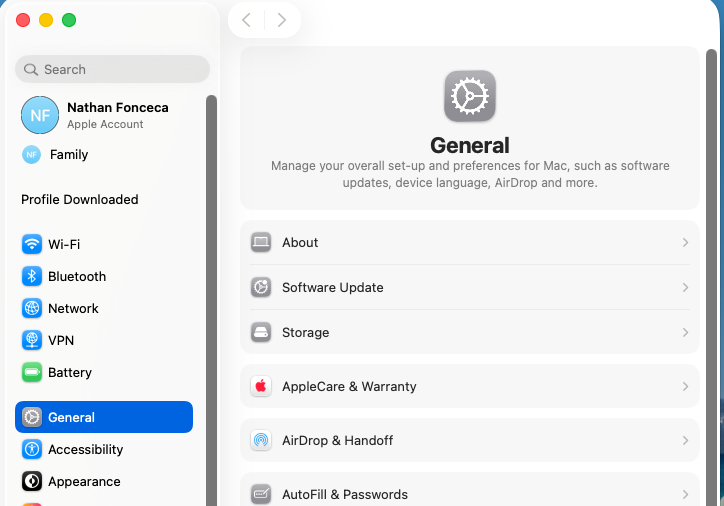 System Settings General pane with Profile Downloaded highlighted in the sidebar
