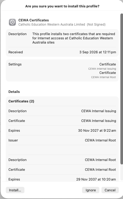 Are you sure you want to install this profile dialog with certificate details