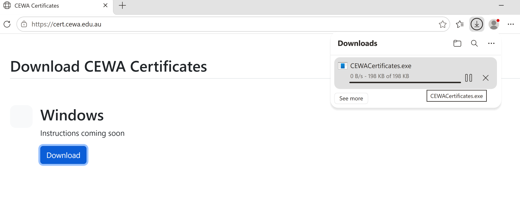 Edge downloading CEWACertificates.exe
