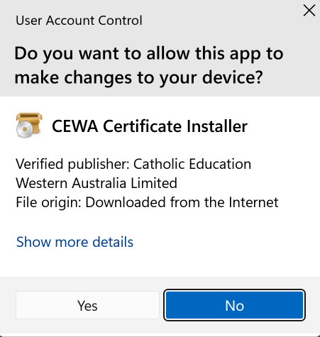 User Account Control prompt for CEWA Certificate Installer